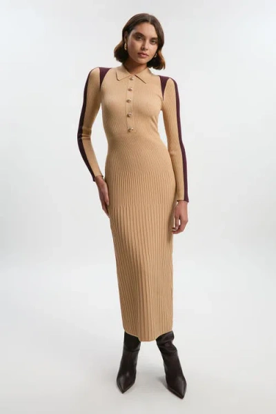 Karen Millen Rib Knit Colour Block Midi Dress In Brown