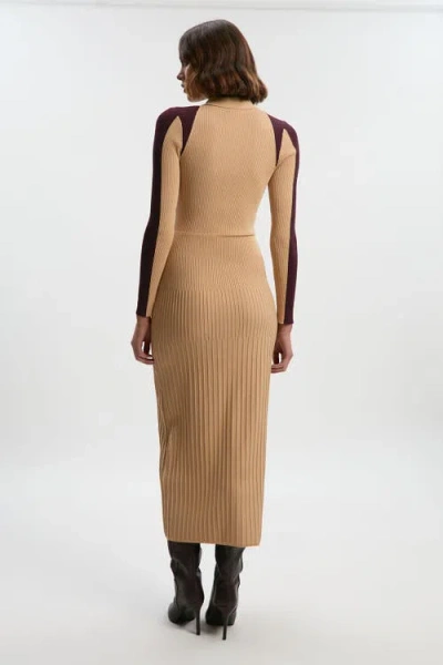 Karen Millen Rib Knit Colour Block Midi Dress In Brown