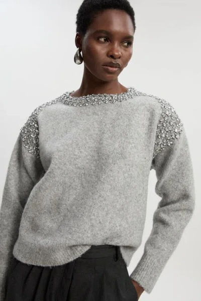 Karen Millen Embellished Trim Cosy Knit Jumper In Gray