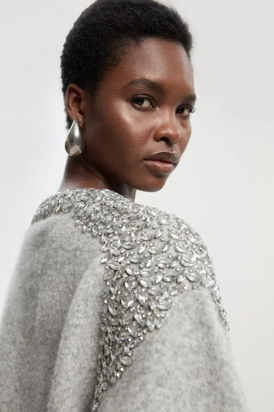 Karen Millen Embellished Trim Cosy Knit Jumper In Gray