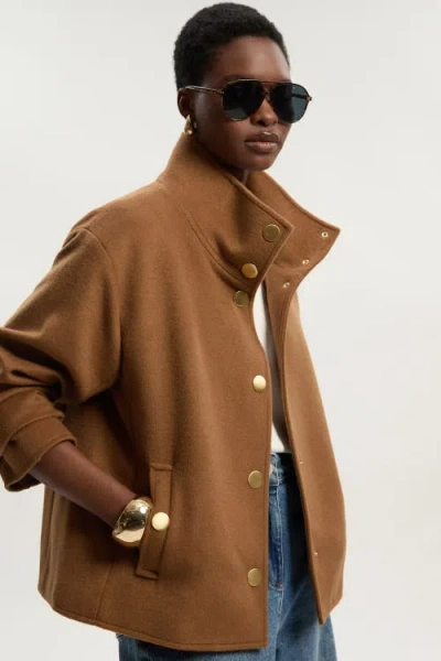 Karen Millen Brushed Wool Funnel Neck Short Coat In Brown