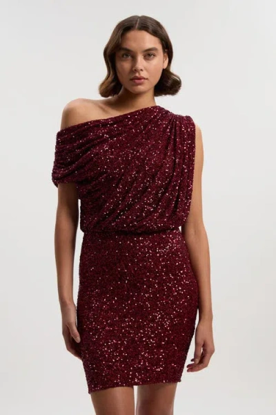 Karen Millen One Shoulder Sequin Mini Dress In Burgundy