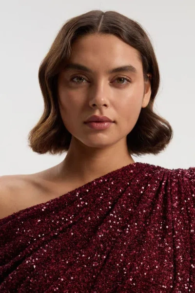Karen Millen One Shoulder Sequin Mini Dress In Burgundy