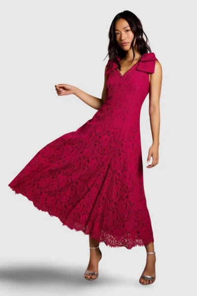Coast Bow Shoulder V Neck Lace Midi Dress In Red