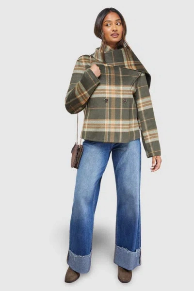 Oasis Check Scarf Longline Jacket Coat In Multi