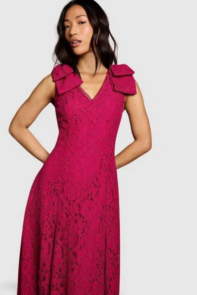Coast Bow Shoulder V Neck Lace Midi Dress In Red