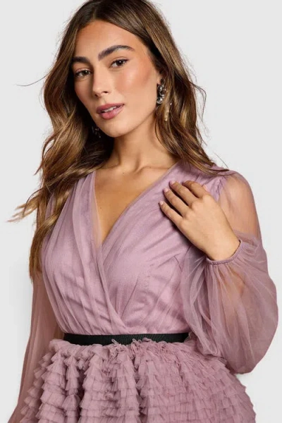 Coast Long Sleeve Mesh Wrap Top Mini Dress In Purple