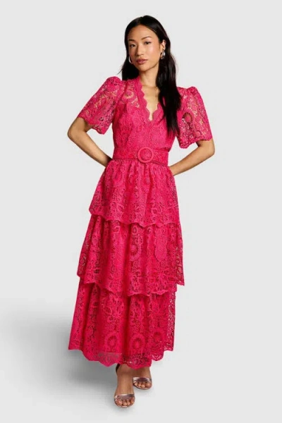 Coast Short Sleeve Tiered Lace Midi Dress In Pink