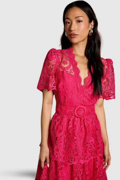 Coast Short Sleeve Tiered Lace Midi Dress In Pink