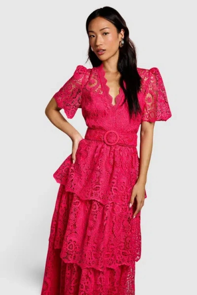 Coast Short Sleeve Tiered Lace Midi Dress In Pink