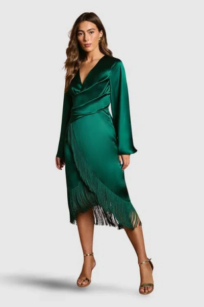 Coast Satin Fringe Hem Wrap Waist Midi Dress In Green