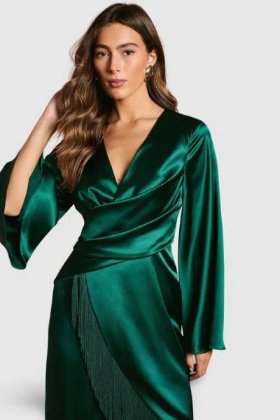 Coast Satin Fringe Hem Wrap Waist Midi Dress In Green