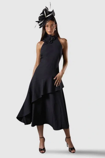 Coast High Neck Corsage Detail Midi Dress In Black