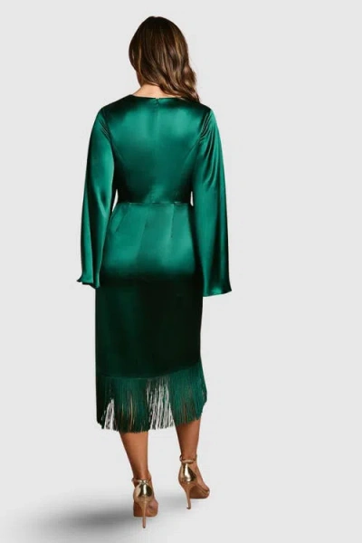 Coast Satin Fringe Hem Wrap Waist Midi Dress In Green