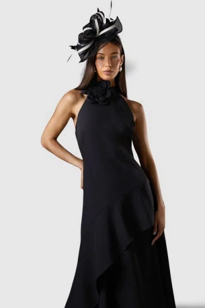 Coast High Neck Corsage Detail Midi Dress In Black