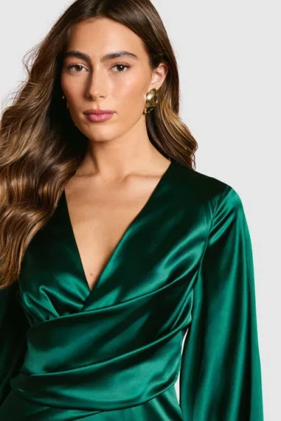 Coast Satin Fringe Hem Wrap Waist Midi Dress In Green