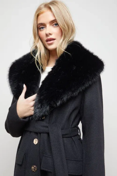 Oasis Faux Fur Collar Belted Coat In Black