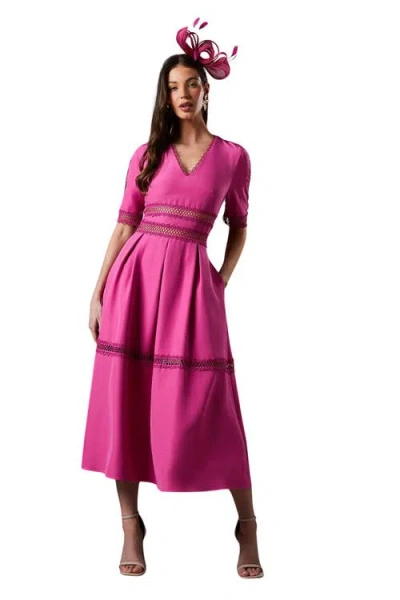 Coast Crochet Insert Crepe V Neck Midi Dress In Pink