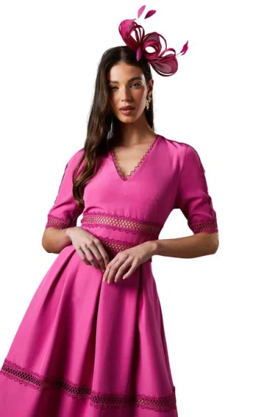 Coast Crochet Insert Crepe V Neck Midi Dress In Pink