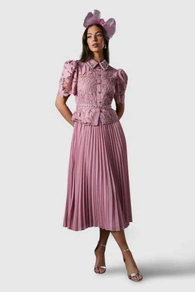 Coast Lace Top Pleat Skirt Jewel Button Dress In Pink