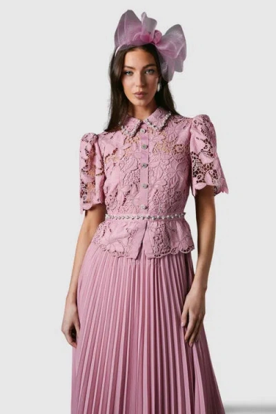 Coast Lace Top Pleat Skirt Jewel Button Dress In Pink