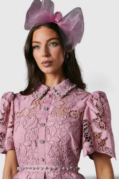 Coast Lace Top Pleat Skirt Jewel Button Dress In Pink