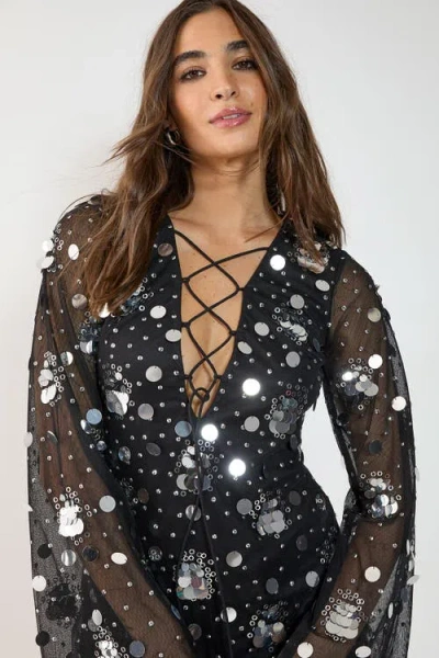 Nasty Gal Lace Up Fluted Sleeve Mini Dress In Black