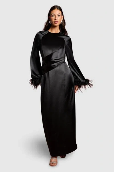 Coast Feather Trim Satin Maxi Dress In Black