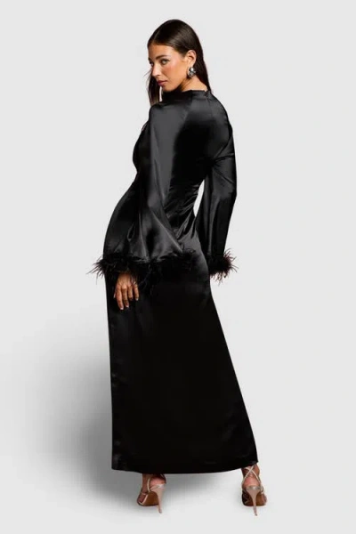 Coast Feather Trim Satin Maxi Dress In Black