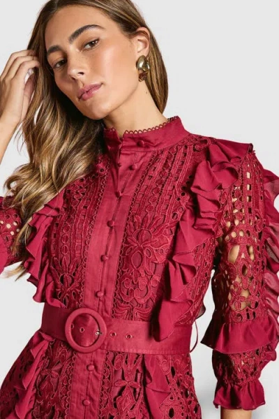 Coast Lace Ruffle Shirt Dress In Burgundy