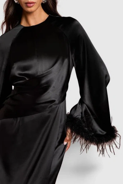 Coast Feather Trim Satin Maxi Dress In Black