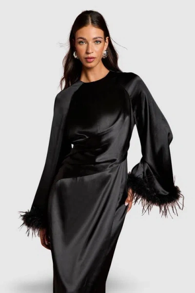Coast Feather Trim Satin Maxi Dress In Black