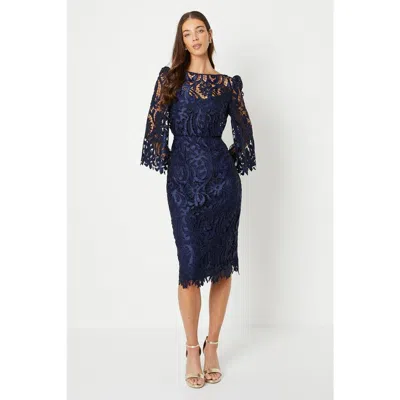 Coast Satin Lace Boat Neck Fluted Dress In Blue
