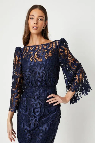 Coast Satin Lace Boat Neck Fluted Dress In Blue