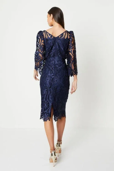 Coast Satin Lace Boat Neck Fluted Dress In Blue