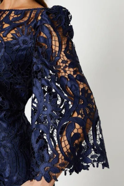 Coast Satin Lace Boat Neck Fluted Dress In Blue