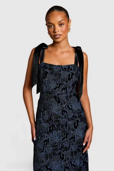 Coast Petite Velvet Lace Tie Shoulder Dress In Blue