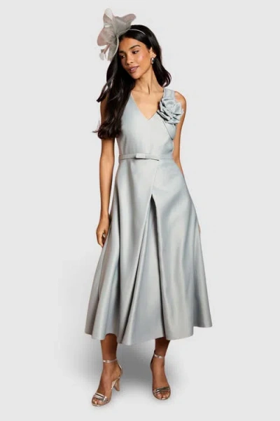 Coast Structured Satin 3d Corsage Midi Dress In Silver