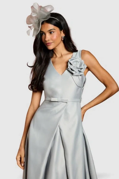Coast Structured Satin 3d Corsage Midi Dress In Silver