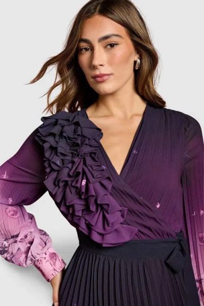 Coast Floral Corsage Wrap Georgette Dress In Purple