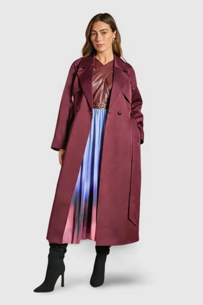 Coast Satin Occasion Belted Trench Coat In Burgundy