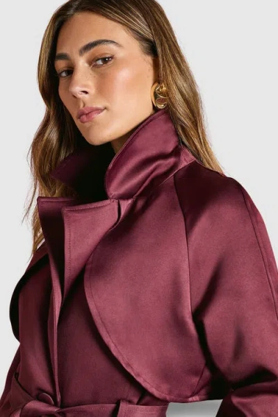Coast Satin Occasion Belted Trench Coat In Burgundy