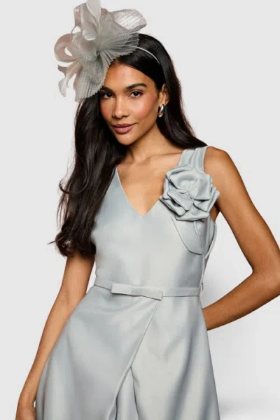 Coast Structured Satin 3d Corsage Midi Dress In Silver