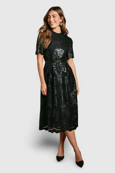 Coast Pu Lace Midi Dress With Belt In Black