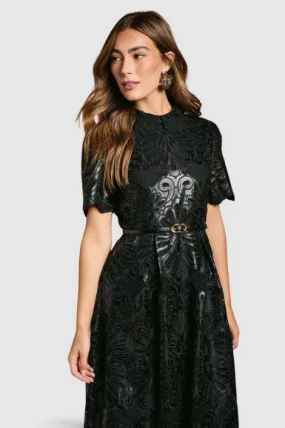 Coast Pu Lace Midi Dress With Belt In Black