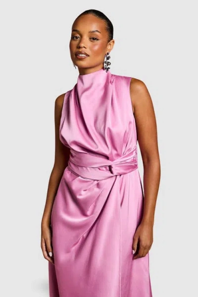 Coast Petite Satin Midi Dress With Twist Waist In Pink