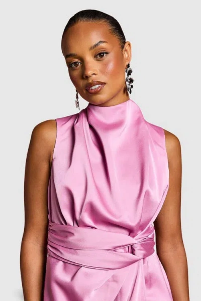 Coast Petite Satin Midi Dress With Twist Waist In Pink