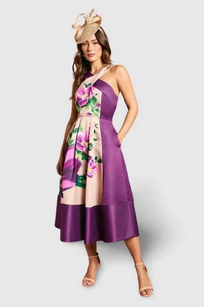 Coast Printed Cross Neck Satin Midi Dress In Purple