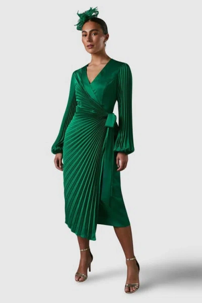 Coast Satin Pleated Wrap Dress In Green