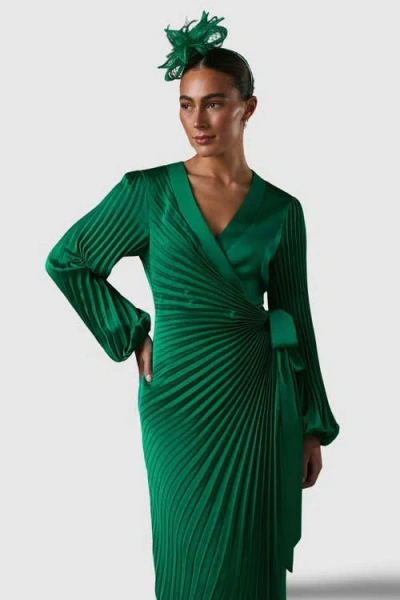 Coast Satin Pleated Wrap Dress In Green
